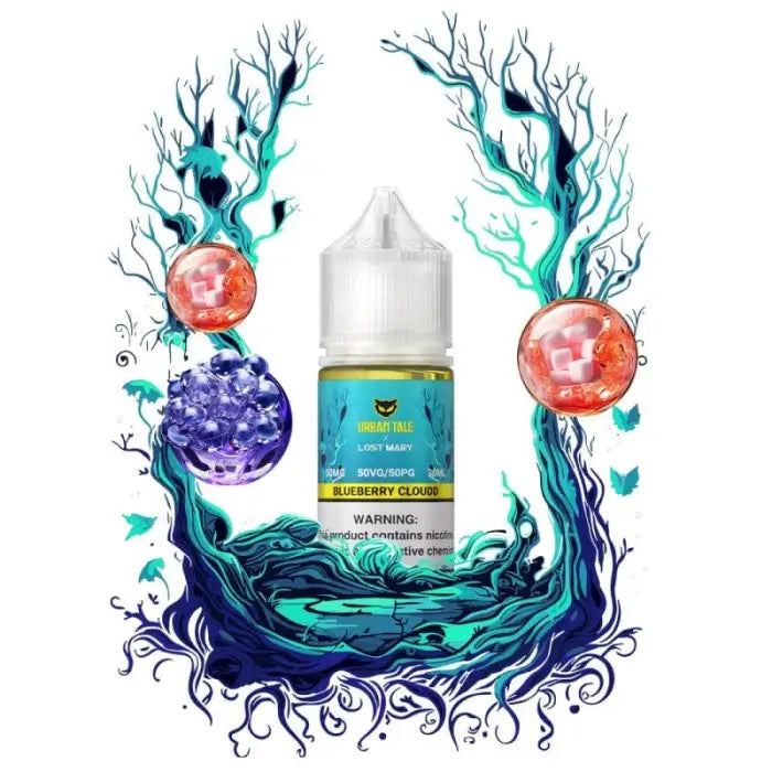 Bottle of e-liquid or vape juice surrounded by stylized tree branches and colorful spheres.