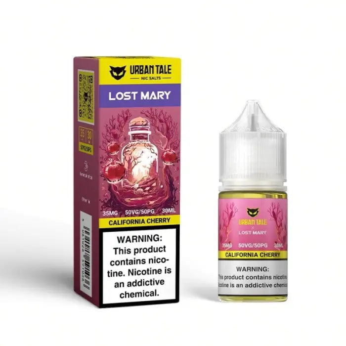 E-liquid bottle and packaging for ’Lost Mary’ California Cherry flavor by Urban Tale.