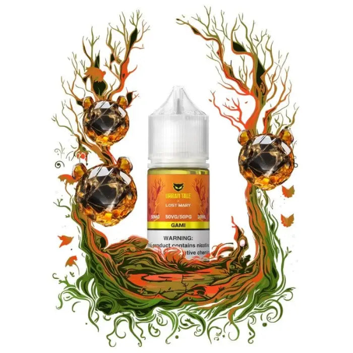 Bottle of e-liquid or vape juice surrounded by fantastical tree-like designs and spheres.