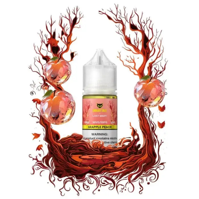 Bottle of e-liquid or vape juice surrounded by stylized red branches and fruit-like shapes.