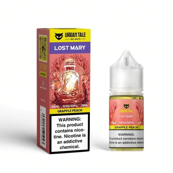 E-liquid bottle and packaging for ’Lost Mary’ vape juice in Grapple Peach flavor by Urban Tale.