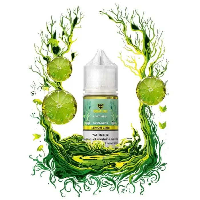 Bottle of e-liquid or vape juice with a lemon-lime flavor theme.