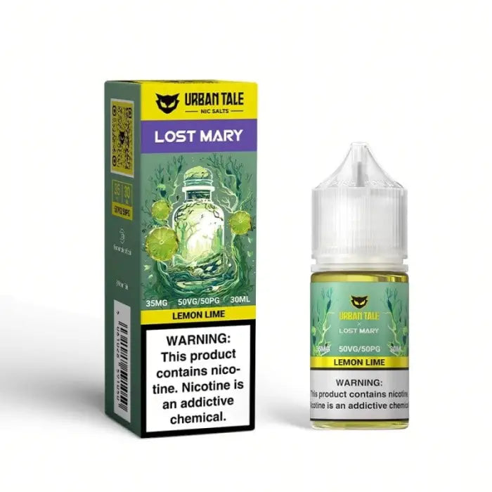 E-liquid bottle and packaging for ’Lost Mary’ lemon lime flavor by Urban Tale.