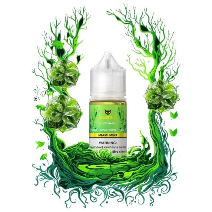 Bottle of green e-liquid or vape juice surrounded by stylized green foliage and swirling designs.