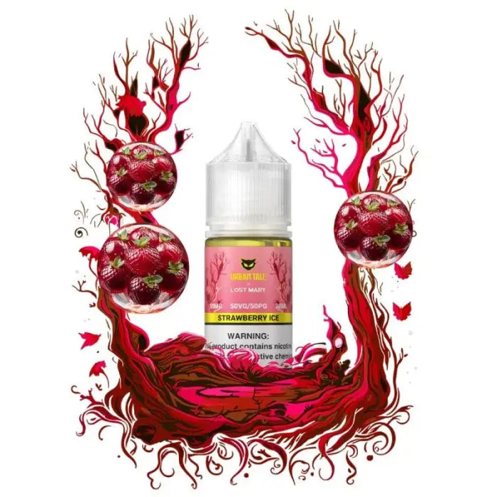 Bottle of e-liquid or vape juice with a strawberry flavor label.