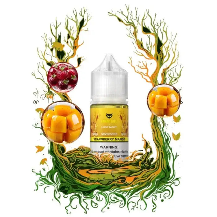 Bottle of e-liquid or vape juice surrounded by stylized fruit and plant elements.