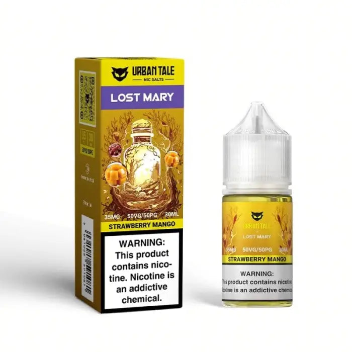 E-liquid bottle and packaging for ’Lost Mary’ strawberry mango flavor by Urban Tale.