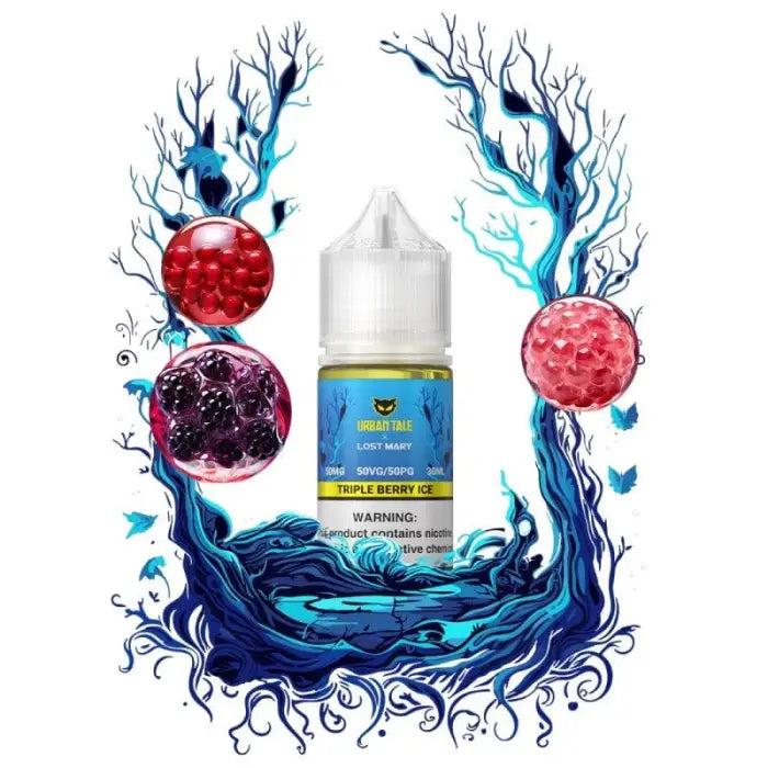 Bottle of e-liquid or vape juice surrounded by stylized fruit and tree branch illustrations.