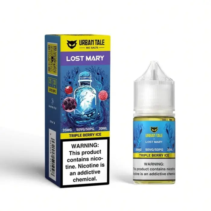 E-liquid bottle and packaging for ’Lost Mary’ flavor by Urban Tale, featuring a triple berry ice blend.