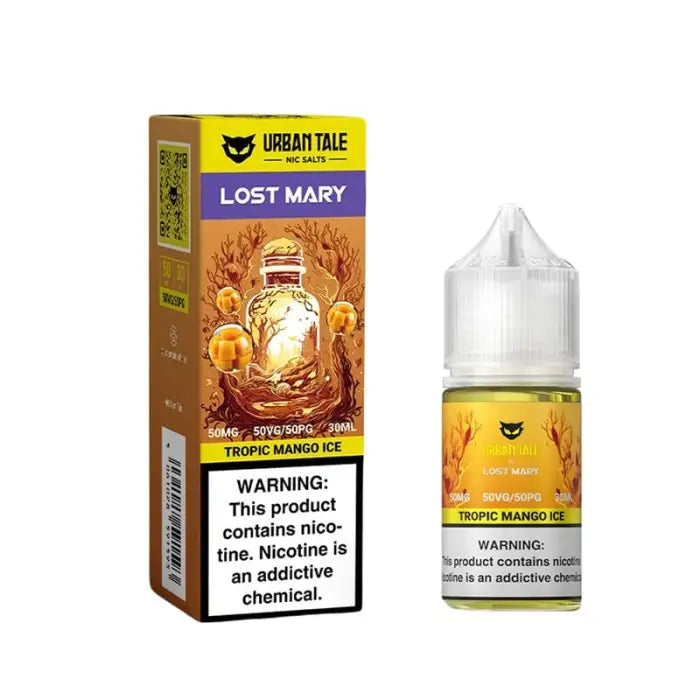 E-liquid bottle and packaging for ’Lost Mary’ flavor in tropic mango ice variety by Urban Tale.