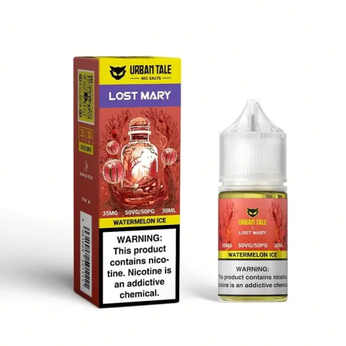 E-liquid bottle and packaging for ’Lost Mary’ watermelon ice flavor by Urban Tale.