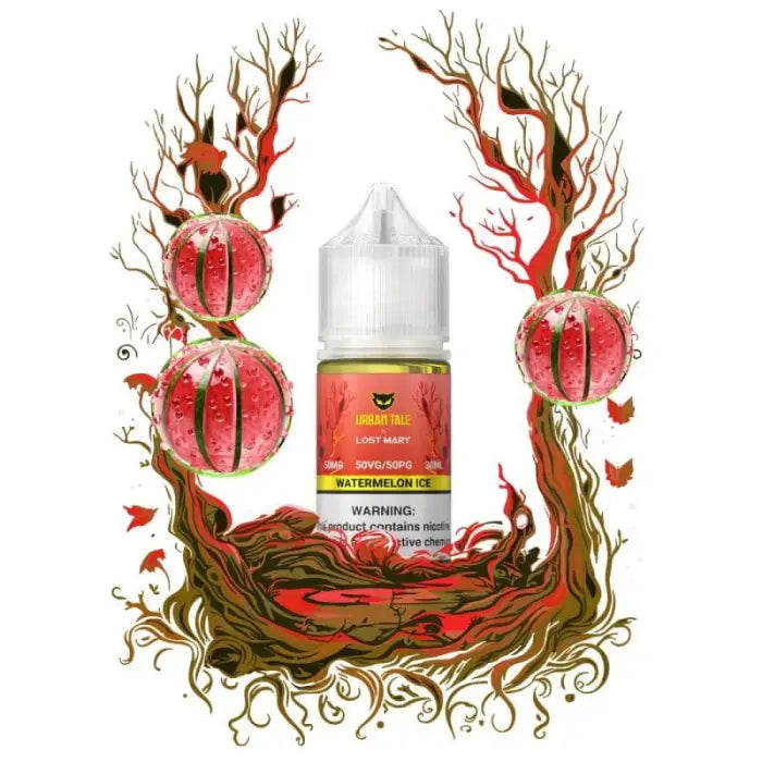 Bottle of e-liquid or vape juice surrounded by stylized pomegranate and tree branch illustrations.