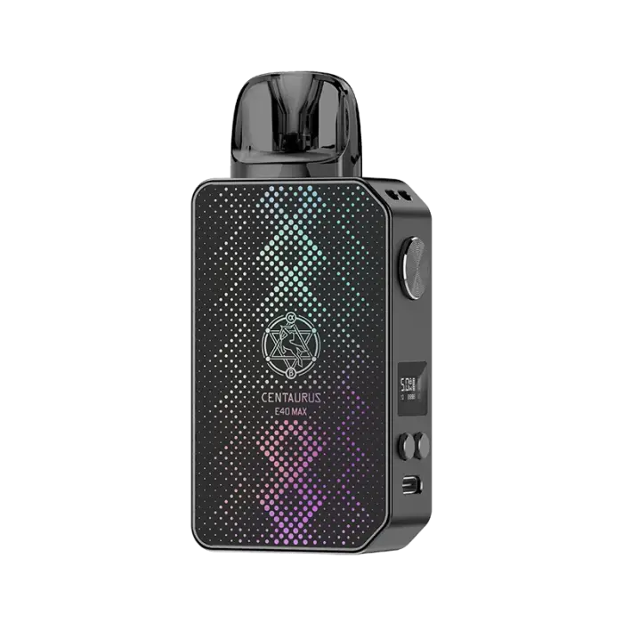 Sleek black electronic vaping device with a colorful LED display on its front panel.