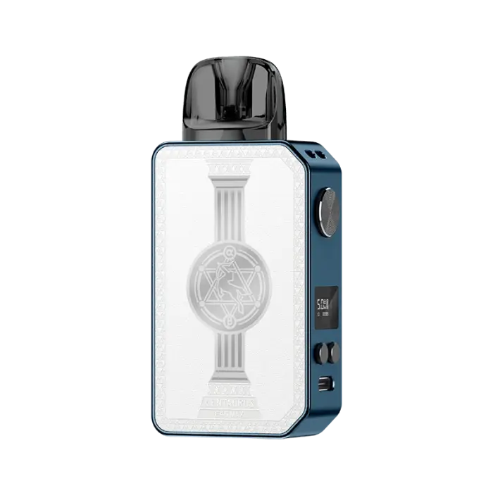 Compact electronic vaping device with a white panel featuring an embossed circular design.