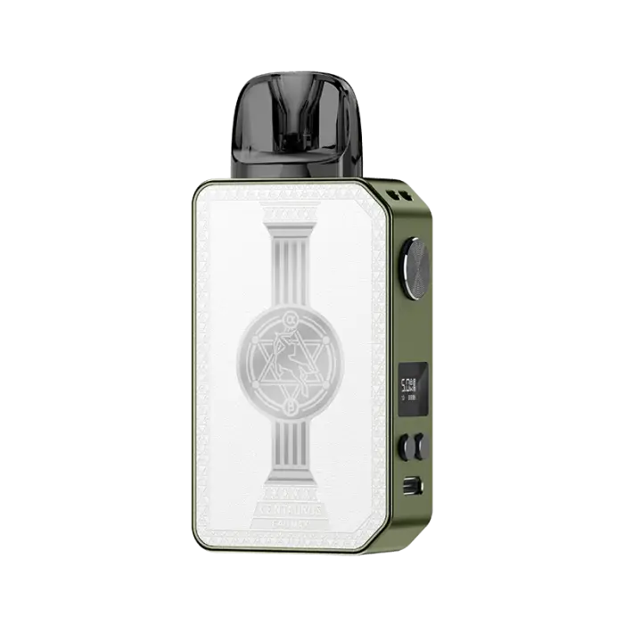 Vaping device with a white rectangular body and green accents.