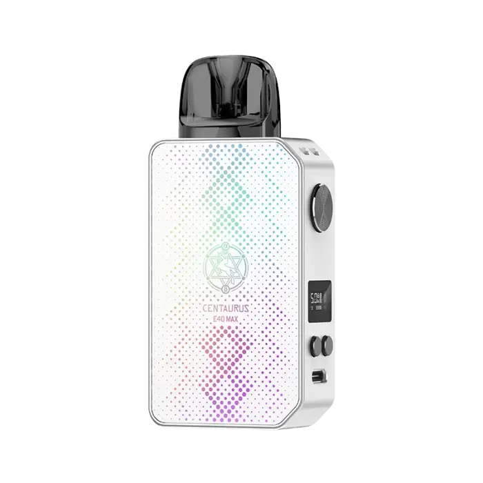 Compact electronic vaping device with a white body featuring colorful geometric patterns and a black mouthpiece.