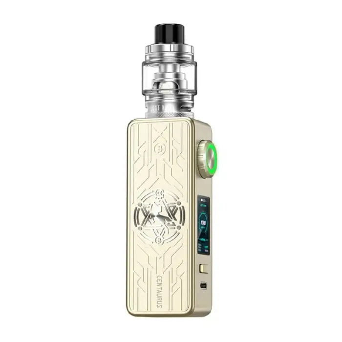 Electronic vaping device with a decorative metallic body and digital display.