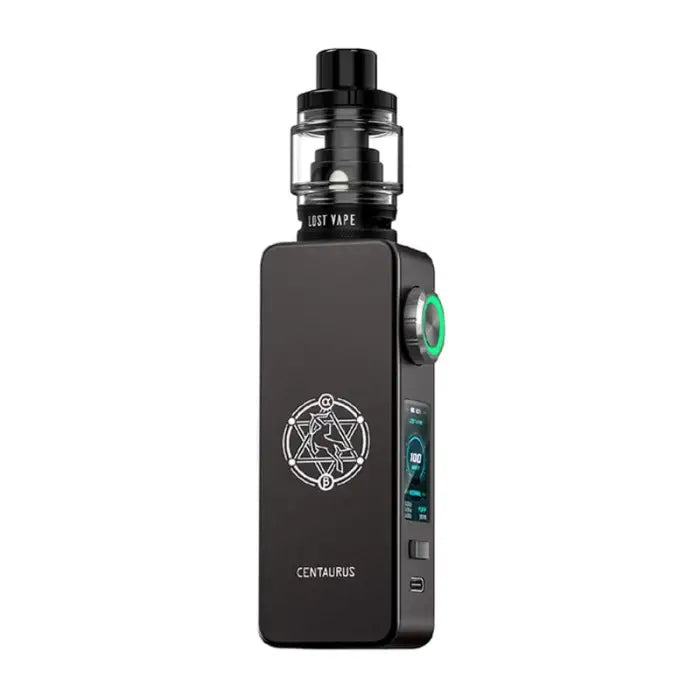 Electronic vaping device with a black rectangular body and a clear tank on top.