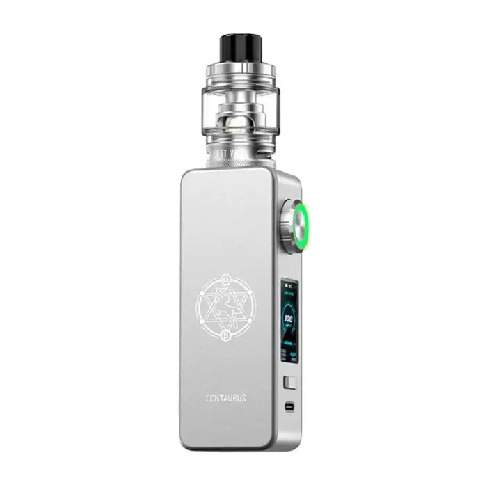 Electronic vaping device with a silver body, digital display, and glass tank attachment.