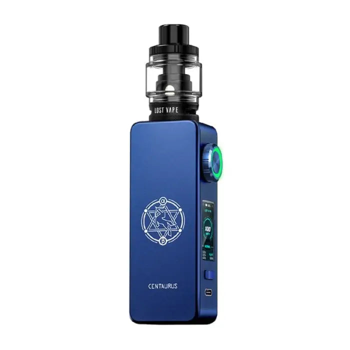 Blue electronic vaping device with a circular logo and digital display.