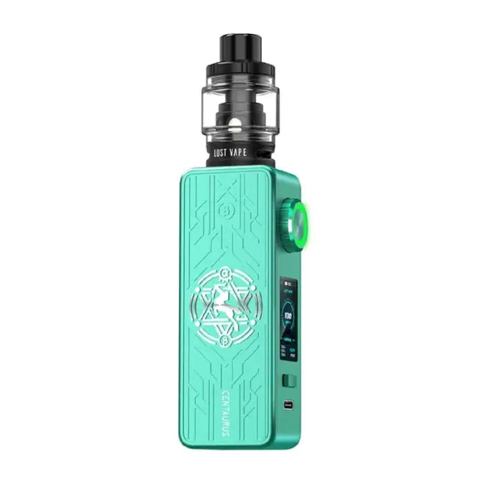 Teal-colored electronic vaping device with a geometric design and digital display.