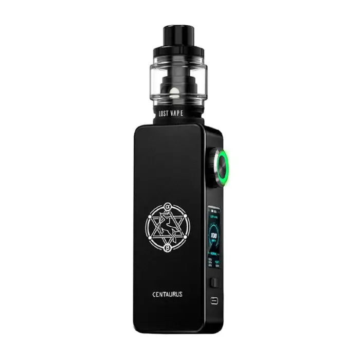 Electronic vaping device with a black rectangular body, digital display, and glass tank attachment.