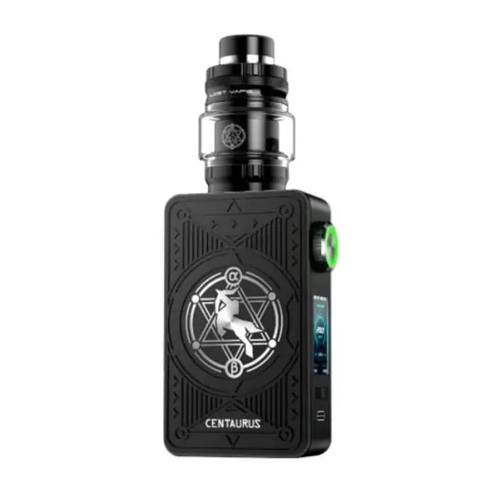 Electronic vaping device with a black body, digital display, and intricate circular logo design.