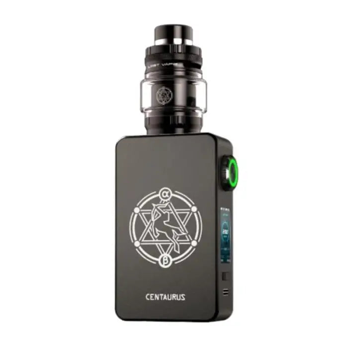 Electronic vaping device with a black rectangular body and a circular symbol on the front.