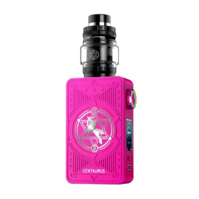 Bright pink electronic vaping device with a geometric design on its front.