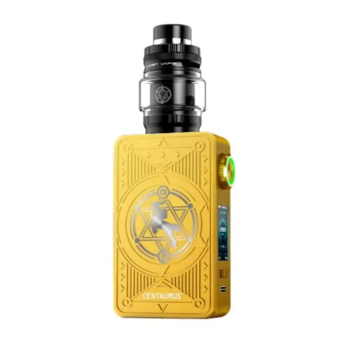 Yellow electronic vaping device with intricate geometric designs and a black tank attachment.