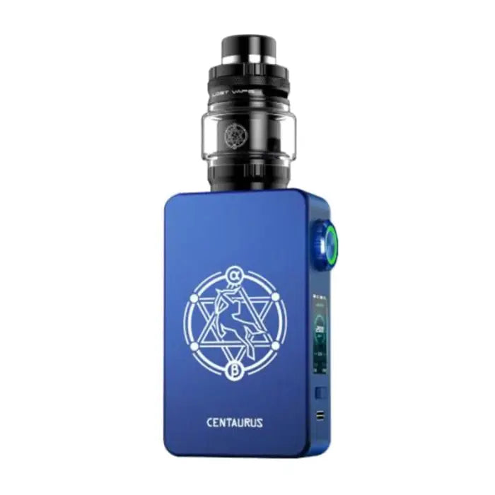 Blue electronic vaping device with a geometric symbol on its front.