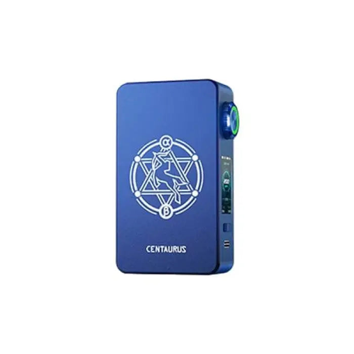 Blue electronic device with a geometric star design on its face.