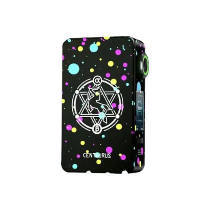 Colorful electronic vaping device with a geometric design and polka dot pattern.