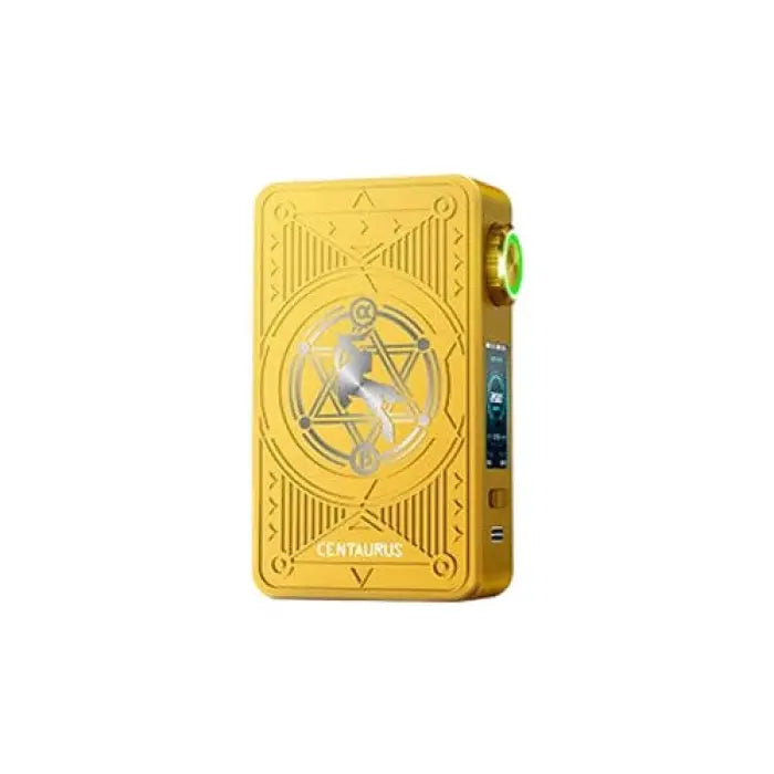 Yellow rectangular electronic device with ornate geometric designs and a circular emblem on its face.