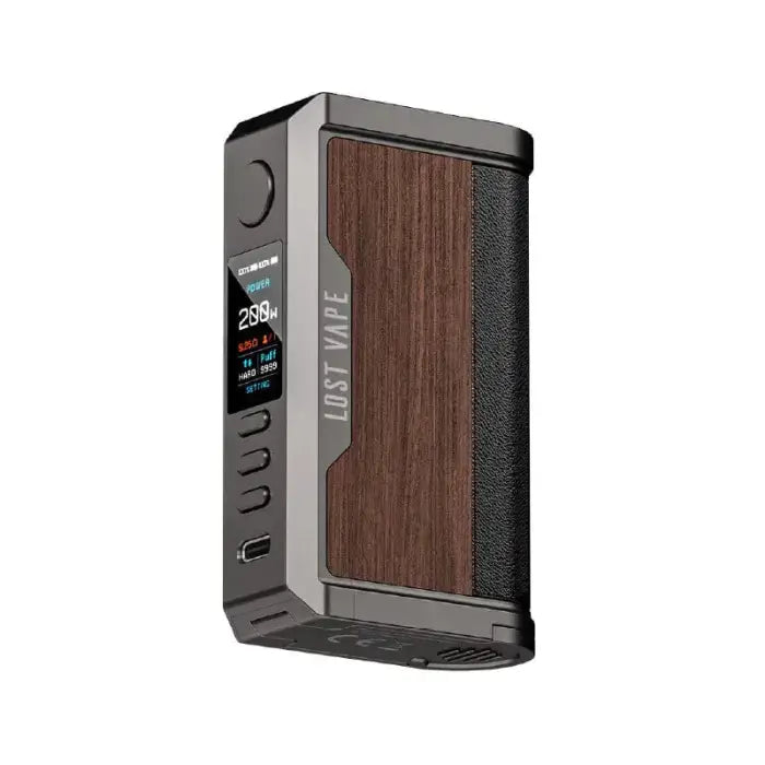 Electronic vaping device with a wood-grain panel and digital display.