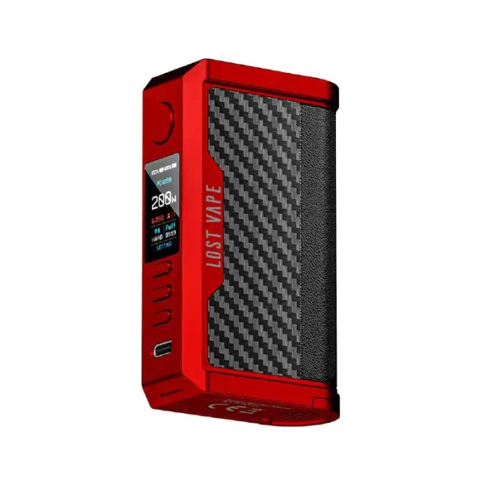 Red and black electronic vaping device with a digital display screen.