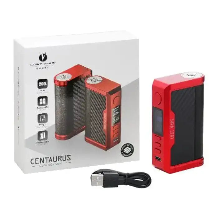 Red and black electronic vaping device with a digital display and USB charging cable.