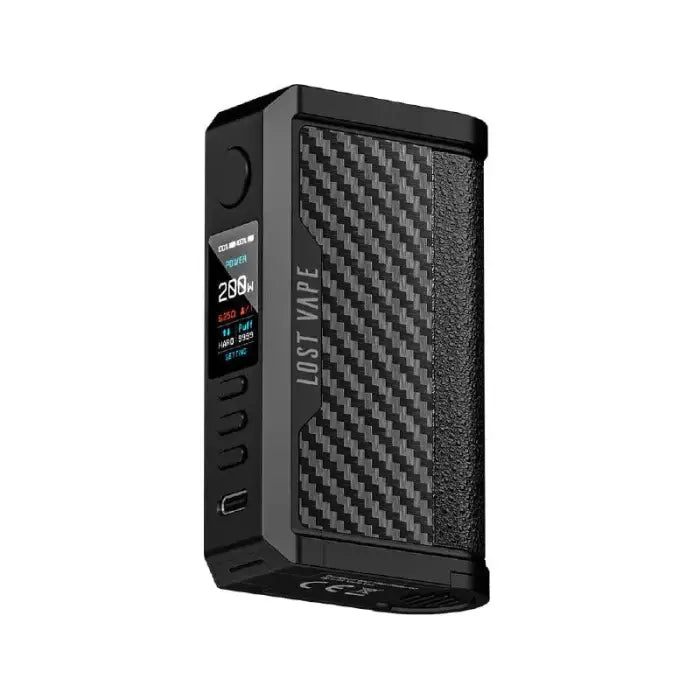 Electronic vaping device with a carbon fiber-style exterior and digital display screen.