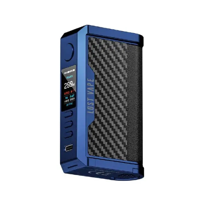 Blue and black electronic vaping device with a digital display and textured carbon fiber pattern.