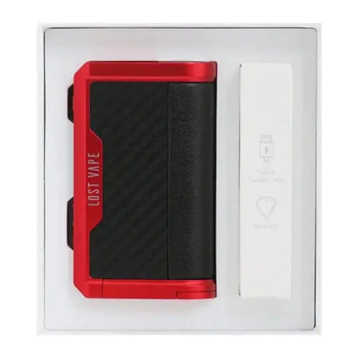 Red and black electronic device with ’LOST VAPE’ visible on its side.