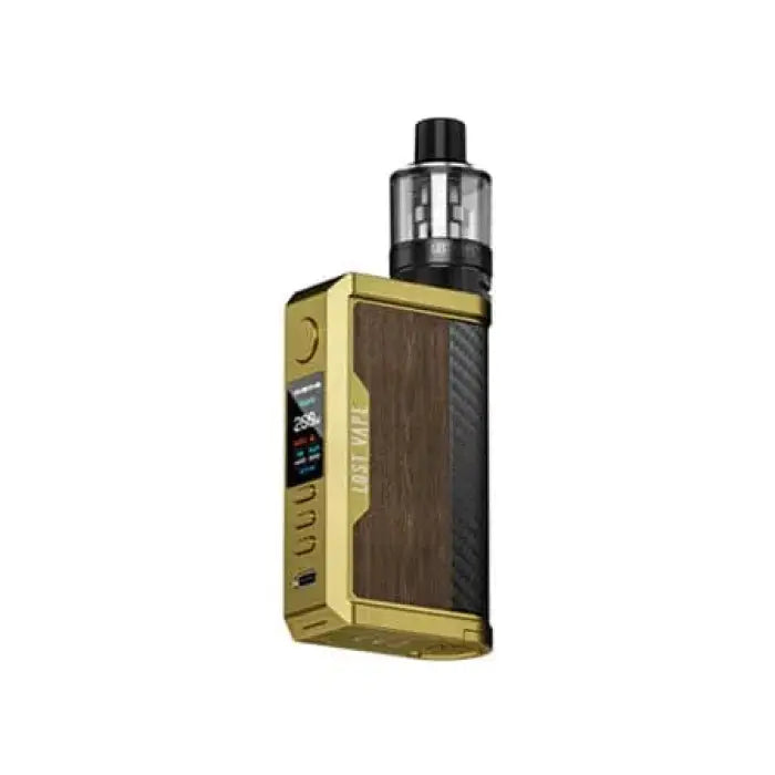 Electronic vaping device with a gold and black body and a clear tank on top.