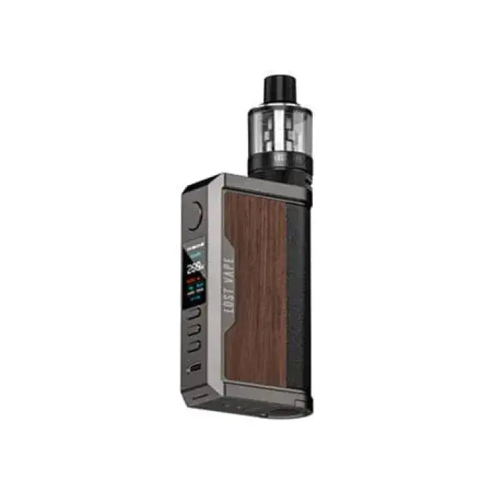 Electronic vaping device with a wood-grain panel and digital display.