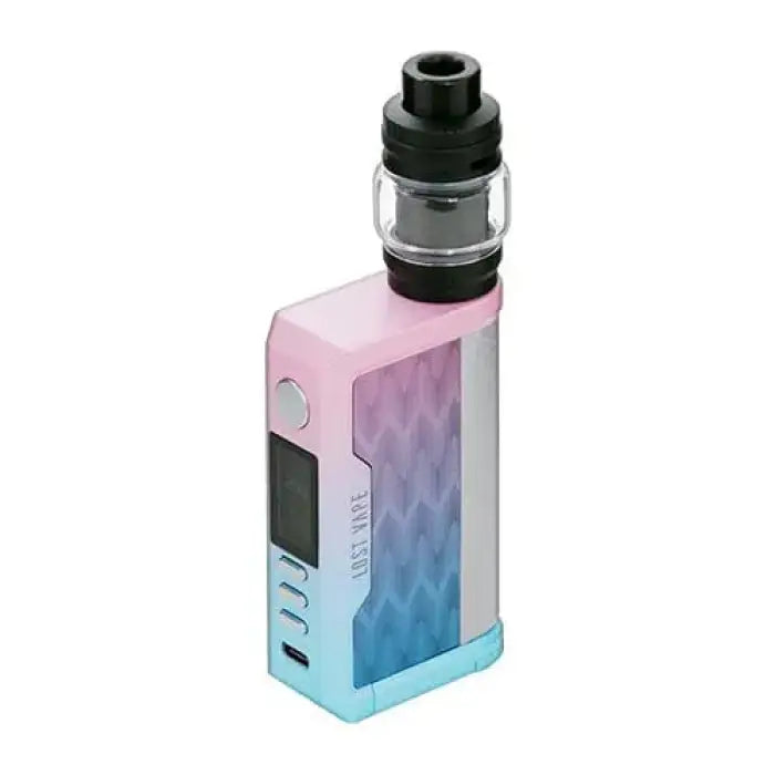 Electronic vaping device with a gradient pink-to-blue body and black tank attachment.