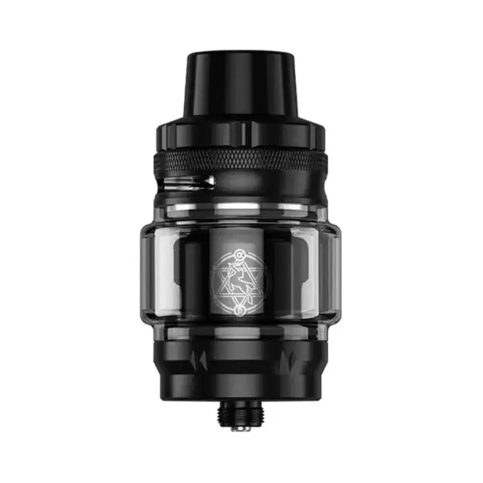 Black vaping tank or atomizer with a decorative logo on its glass section.