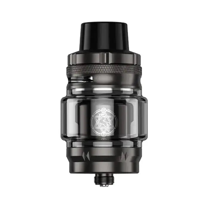 Sleek black vaping tank or atomizer with a glass section and metallic accents.