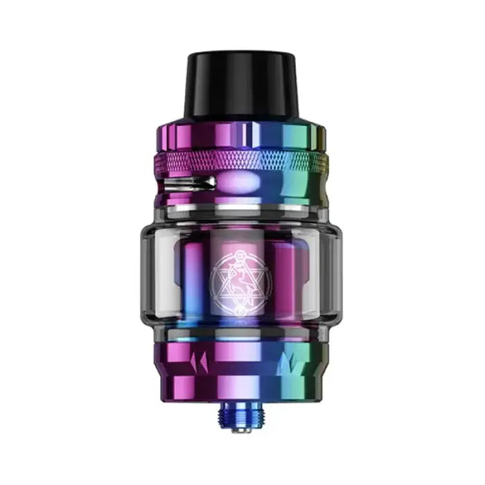 Colorful metallic vaping tank or atomizer with a rainbow finish.