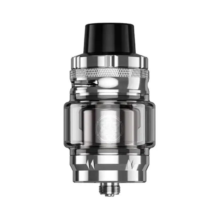 Metallic vaping tank or atomizer with a black drip tip.