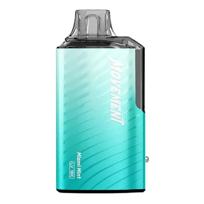 Teal-colored electronic vaping device with a clear mouthpiece.