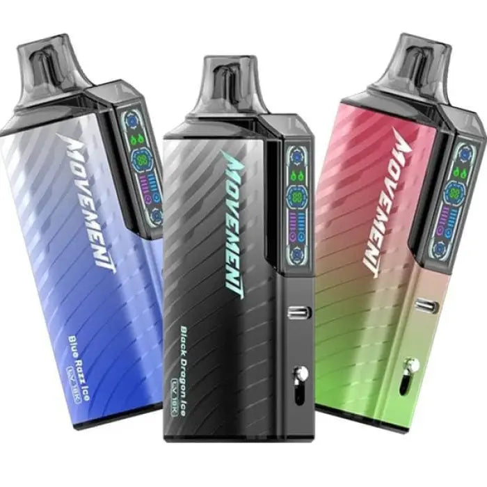 Colorful electronic vaping devices with sleek, angular designs and digital displays.