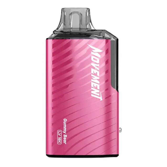 Pink electronic vaping device with a clear mouthpiece and ’Movement’ branding.